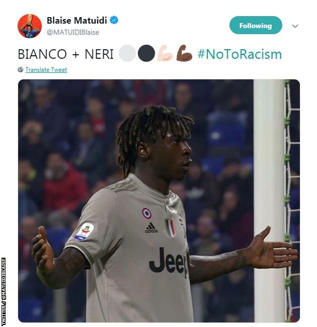 A Tweet from Blaise Matuidi of Juventus team-mate Moise Kean celebrating his goal in response to racist chanting with the caption "Bianco + Neri (white and black) #NoToRacism"