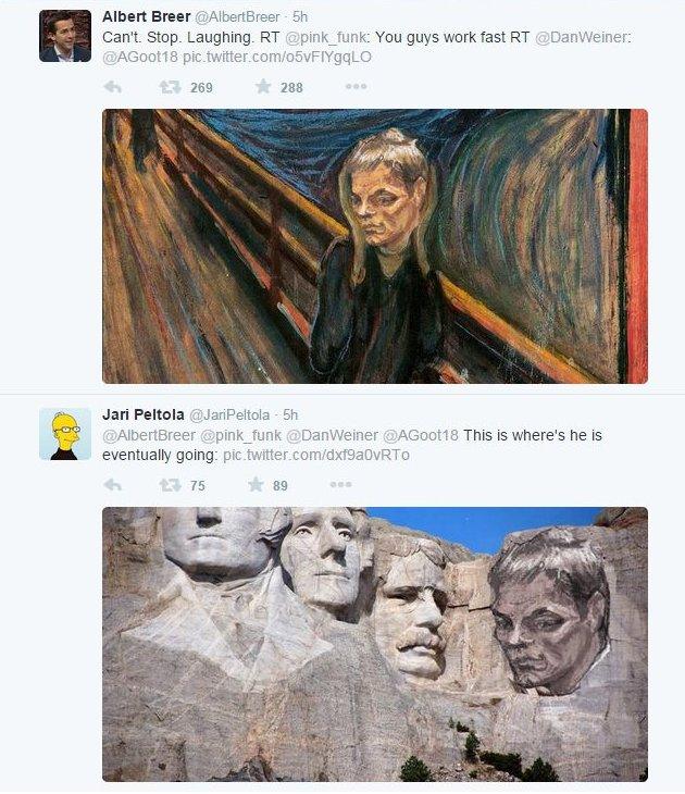 Tweets showing a sketch of Tom Brady on the painting The Scream and Mount Rushmore