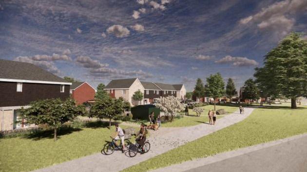 An artist's mockup of the new housing development showing short rows of three houses and people cycling along paths.