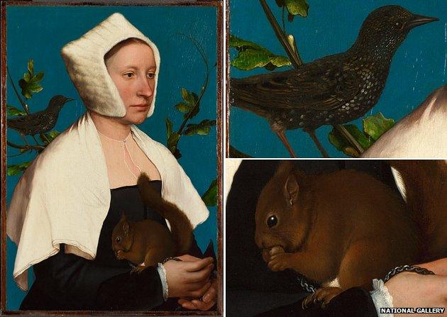 A Lady with a Squirrel and a Starling by Hans Holbein (detail)