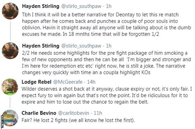 Fans on Twitter discuss what is next for Deontay Wilder. With one fan saying he needs to come back "bigger and stronger" and take a couple of other fights before facing Tyson Fury again