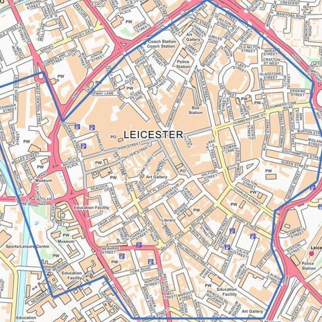 A photograph which outlines the perimeter on a map of Leicester city centre