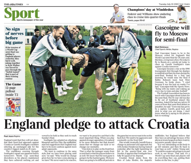 The Times leads on England stating they will attack Croatia in Wednesday's World Cup semi-final