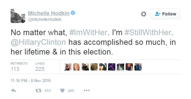 No matter what, #ImWitHer. I'm #StillWithHer. @HillaryClinton has accomplished so much, in her lifetime & in this election.