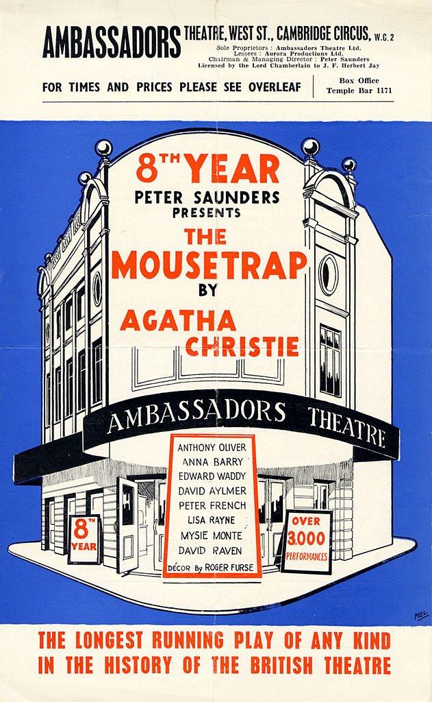 A leaflet advertising a production of the Agatha Christie play, 'The Mousetrap', in its 8th year at the Ambassadors Theatre, London, 1960. The play remains as billed here: 'The longest running play of any kind in the history of the British theatre'. (Photo by Culture Club/Getty Images)