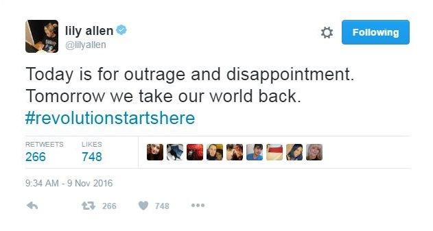 Lily Allen tweeted: "Today is for outrage and disappointment. Tomorrow we take our world back."