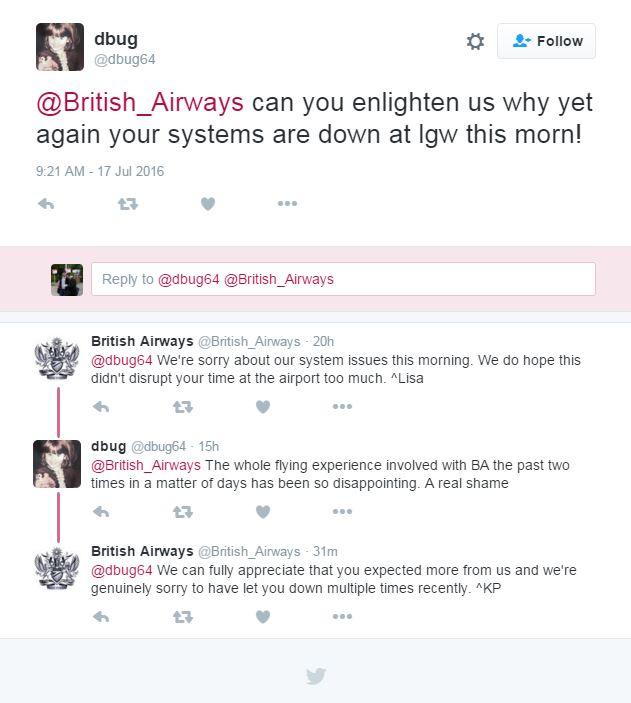 A passenger tweets about BA delays