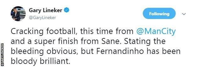 Gary Lineker says it was cracking football from Manchester City and a super finish from Sane. "Stating the bleeding obvious, but Fernandinho has been bloody brilliant," he adds.