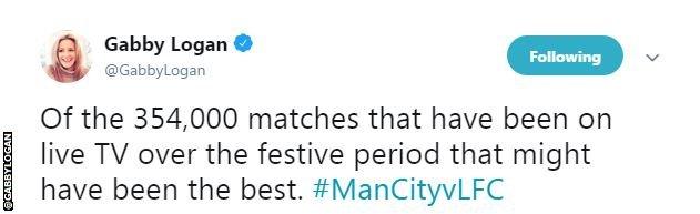 Gabby Logan says, of the "354,000 matches" on live TV this festive period, that might have been the best.