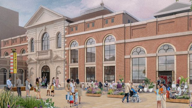 An artist's impression showing shoppers sitting on benches and standing in a public square, with plants in planters. In the background is a large brick building with high, arched windows.