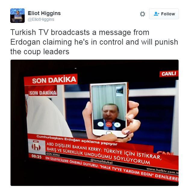 A tweet shows Erdogan speaking to CNN turk via Skype