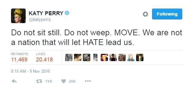 Katy Perry wrote: "Do not sit still. Do not weep. Move. We are not a nation that will let hate lead us."