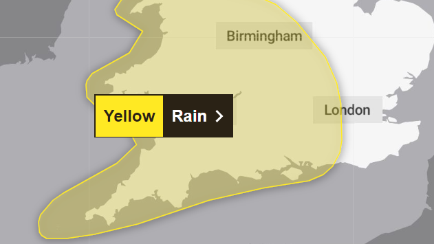 A yellow highlighted area covers much of southern England and Wales in a graphic map of the UK. A black and yellow box reads "yellow, rain".