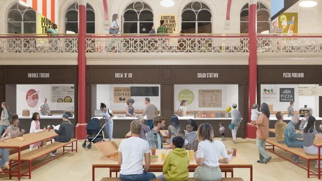 Artist's impression of people sitting eating at tables and benches in front of food court stalls selling pizza and coffee.