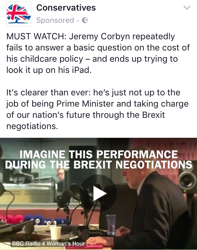 Conservative advert highlighting Corbyn's appearance on Woman's Hour