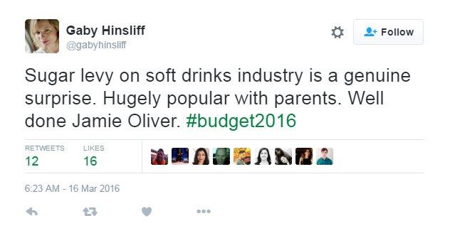 Tweet reads: "Sugar levy on soft drinks industry is a genuine surprise. Hugely popular with parents. Well done Jamie Oliver. #budget2016"