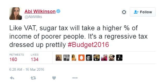 Tweet reads: "Like VAT, sugar tax will take a higher % of income of poorer people. It's a regressive tax dressed up prettily #Budget2016"