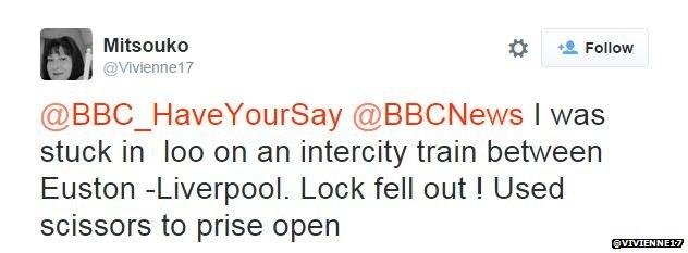 @Vivienne17 tweets: I was stuck in a loo on an intercity train between Euston and Liverpool. Lock fell out! Used scissors to prise open