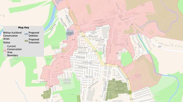 A map of Bishop Auckland with areas shown in red for current area and green for the proposed extension