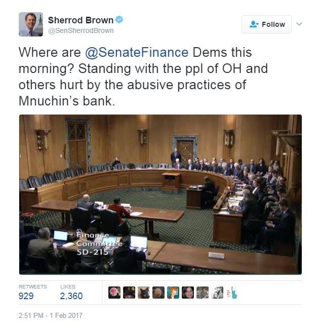 Tweet reading: Where are @SenateFinance Dems this morning? Standing with the ppl of OH and others hurt by the abusive practices of Mnuchin's bank.