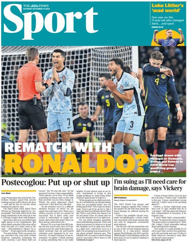 The sport section front page of the Scottish edition of The Times on 141224