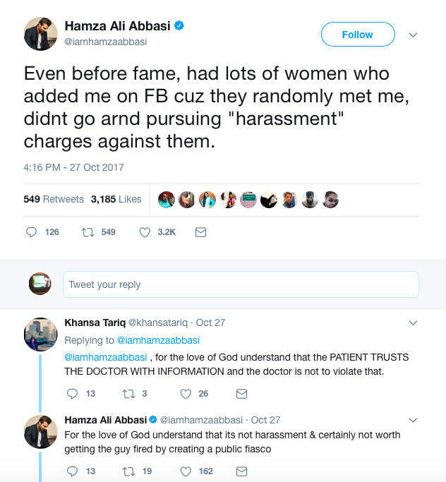 Tweet from Hamza Ali Abbasi: "Even before fame, had lots of women who added me on FAcebook because they randomly met me, didn't go around pursuing "harassment" charges against them.