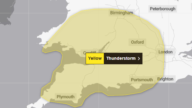 Map of south west Great Britain showing a yellow area saying thunderstorm covering Birmingham Oxford London Portsmouth Plymouth and Cardiff 