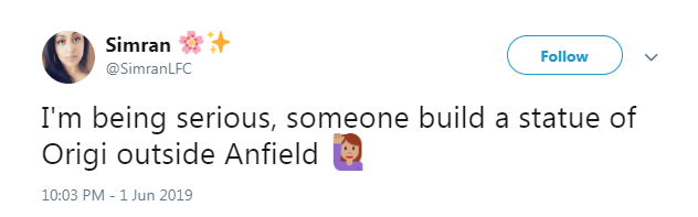 A tweet about building an Origi statue