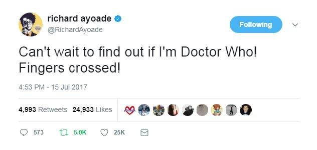 Richard Ayoade wrote: "Can't wait to find out if I'm Doctor Who! Fingers crossed!"