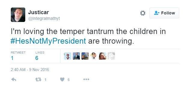 Tweet reads: "I'm loving the temper tantrum the children in #HesNotMyPresident are throwing."