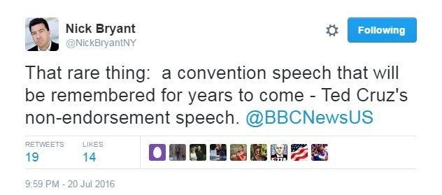 Nick Bryant tweets: "That rare thing: a convention speech that will be remembered for years to come - Ted Cruz's non-endorsement speech"