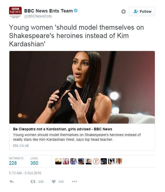 Young women 'should model themselves on Shakespeare's heroines instead of Kim Kardashian'