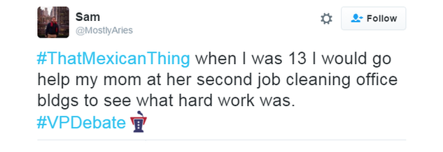 A tweet refers to a Mexican in the US who helped his mother cleaning offices at the age of 13