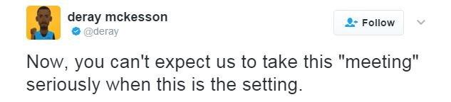 Twitter user Deray McKesson writes: "Now, you can't expect us to take this 'meeting' seriously when this is the setting."