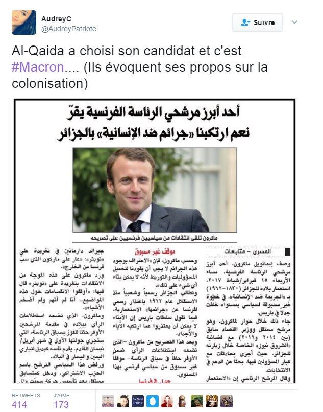 Screenshot of Twitter account stating: Al-Qaeda has chosen its candidate and it is #Macron…