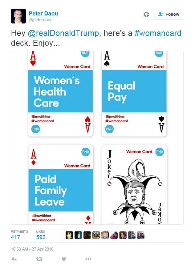 Tweet: Hey @RealDonaldTrump, here's a womancard deck, enjoy: Image shows a deck of four cards, one saying "women's healthcare", one says "equal pay", another "paid family leave" and an image of Donald Trump as the joker.