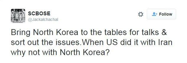 @Jackalchachal tweets: Bring North Korea to the tables for talks & sort out the issues.When US did it with Iran why not with North Korea?