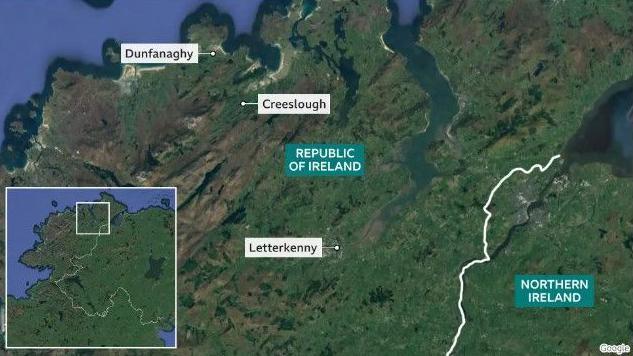 Map showing where Creeslough is and its proximity to the border with Northern Ireland 