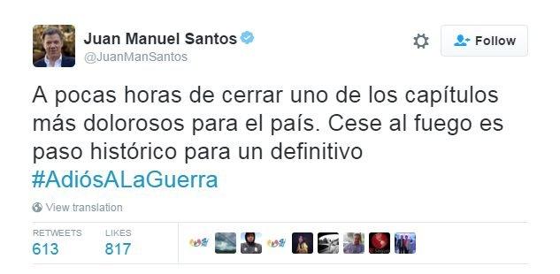 Tweet saying "in a few hours one of the country's most painful chapters is coming to a close. The ceasefire is definitely a historic step"