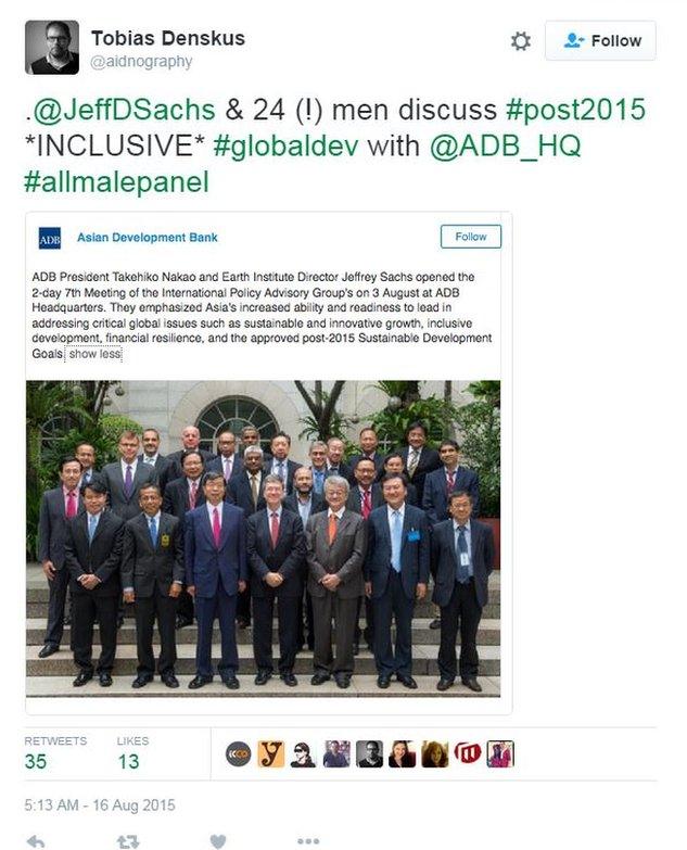 Photo of 25 men speaking about "inclusiveness" at Asian Development Bank forum