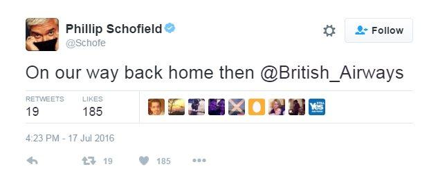 Phillip Schofield tweets that he is going back home