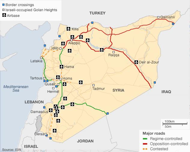 Map showing control of major roads in Syria (May 2013)