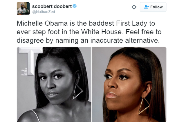 Twitter user @NathanZed writes that Michelle Obama has been "the baddest" first lady to enter the White House