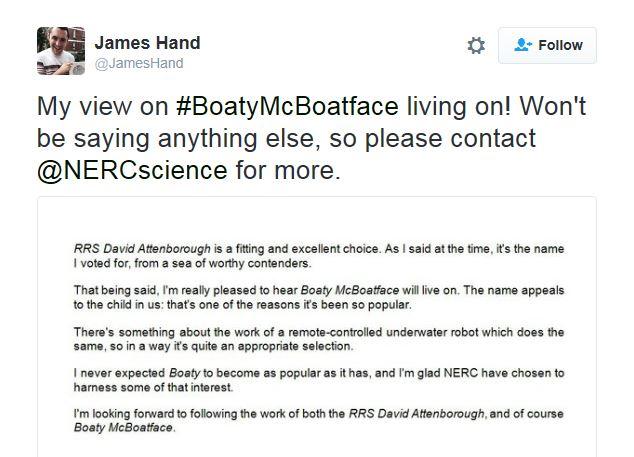 Tweet from person who suggested Boaty McBoatface