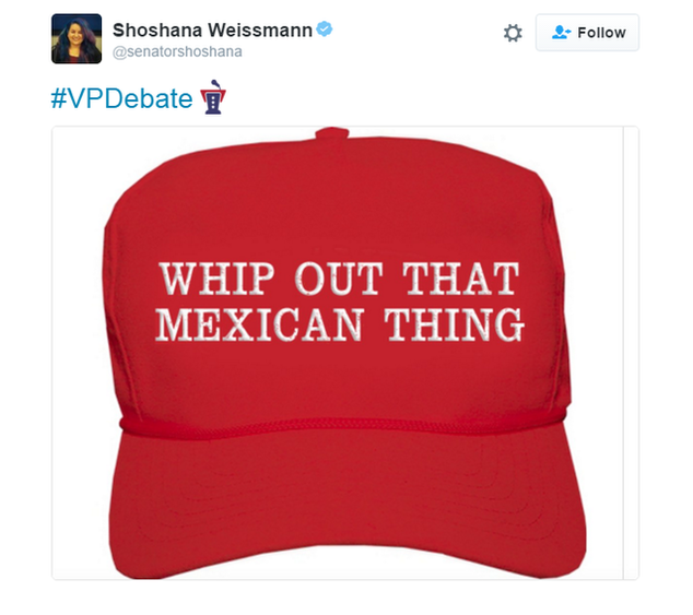 A tweet shows Donald Trump's famous cap with the wording altered to display: "Whip out that Mexican Thing"