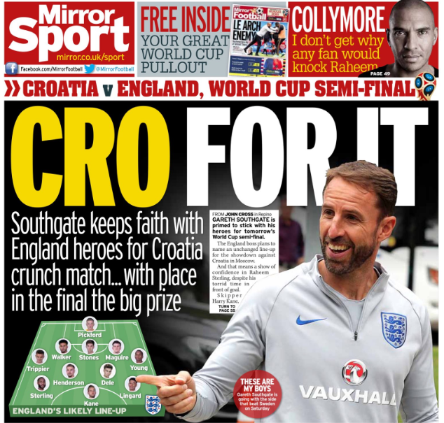 The Mirror claims England will be unchanged against Croatia