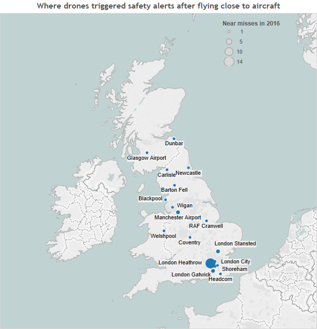 Map showing areas with most near misses