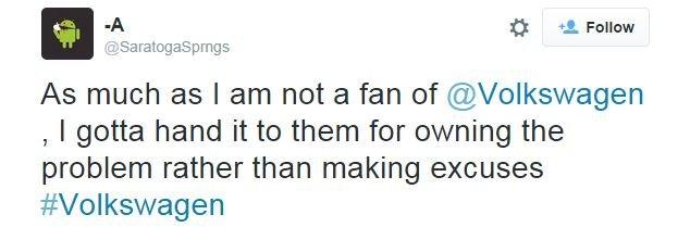 @SaratogaSprngs tweets: As much as I am not a fan of @Volkswagen , I gotta hand it to them for owning the problem rather than making excuses