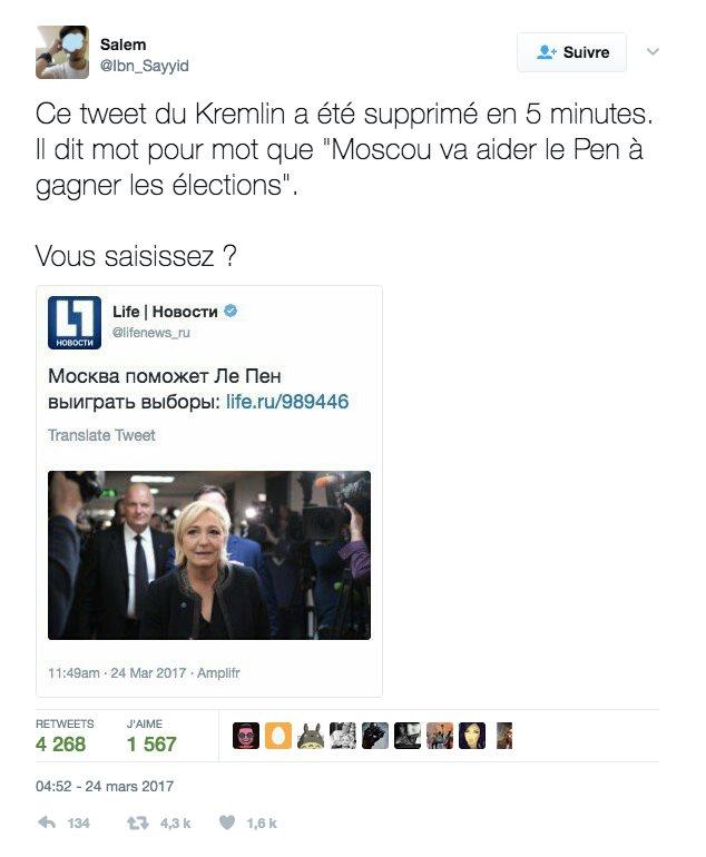 Screenshot of a tweet that started rumours of the Kremlin's support for the presidential candidate, Marine Le Pen