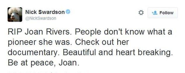 A fan of Joan Rivers posted on Twitter on 4 September, calling her a "pioneer" and asking that people watch her documentary
